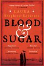 Titel: "BLOOD & SUGAR" von Laura Shepherd-Robinson. Rote Illustration mit einem Vogel auf Holzpfosten, Schiffe im Hintergrund.