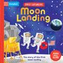Text: "First Explorers Moon Landing", "The story of the first moon landing", "Push Pull Slide". Illustration von Astronauten.