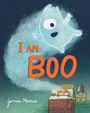 Text: "I AM BOO", "Gemma Merino". Illustration eines blauen Geistes über einem ängstlichen, im Bett liegenden Tier.