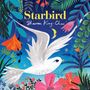 Text: "Starbird" und "Sharon King-Chai". Eine weiße Vogelillustration mit bunten Blüten und Pflanzen vor einem blauen Himmel.