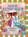 Text: "Magic Postcards", "A Postcard from India". Illustration zeigt Kinder, Lotusse, Elefant, Tiger, Sitar, und Kamera.