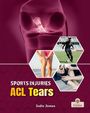 "Sports Injuries: ACL Tears" und "India James". Illustration eines Knies und Sportbilder. Hexagon-Muster, Logo unten rechts.