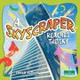 "A Skyscraper Reaches the Sky" in großen, bunten Buchstaben; ein hoher Wolkenkratzer vor blauem Himmel, umgeben von farbigen Pfeilen und Formen.