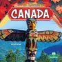 „Life and Traditions in Canada“ oben, „Arthur Yazdani“ unten. Totempfahl vor blauem See und grünen Bäumen, bunte Herbstblätter.