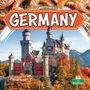 "Life and Traditions in Germany", ein Schloss in herbstlicher Landschaft, Berge im Hintergrund, unten Brezeln.