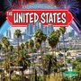 „Life and Traditions in The United States“. Skyline einer Stadt mit hohen Palmen im Vordergrund.