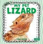 Text: "PETS MY PET LIZARD SHEILA YAZDANI". Ein Echse ist abgebildet, Rahmen mit gestreiftem Muster. Labels mit Pflanzen.