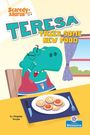 "TERESA TRIES SOME NEW FOOD." Illustration eines Dinosauriers, der vor einem Teller mit Essen sitzt, Fenster im Hintergrund.