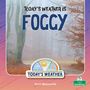 Text: "TODAY'S WEATHER IS FOGGY", "TODAY’S WEATHER", "Kerri Mazzarella". Nebeliger Wald mit kahlen Bäumen und Herbstlaub.