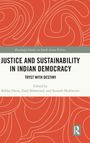 "Justice and Sustainability in Indian Democracy: Tryst with Destiny" von Datta, Mahmood, Mukherjee. Orangene Muster, Routledge-Logo.