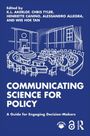 Titel: Communicating Science for Policy. Ein Handbuch. Autoren und Illustration: Ein Sitzungssaal in blauen Tönen.