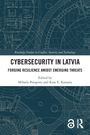 Titel: "CYBERSECURITY IN LATVIA". Blaupause-Muster mit technischem Design.