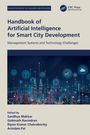 „Handbook of Artificial Intelligence for Smart City Development“: Skyline mit digitalen Symbolen.