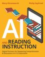 AI AND READING INSTRUCTION. Bücher fliegen aus einem Tablet, oranger Hintergrund.