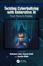 Titel: Tackling Cyberbullying with Generative AI. Kind mit Tablet, umgeben von digitalen Informationseinblendungen.