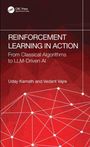 Titel: Reinforcement Learning in Action. Untertitel: From Classical Algorithms to LLM-Driven AI. Autoren: Uday Kamath, Vedant Vajre. Rotes geometrisches Muster im Hintergrund.
