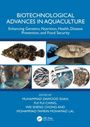 BIOTECHNOLOGICAL ADVANCES IN AQUACULTURE. Oben ein Fisch von links, unten Fische in Netzen und Behältern.