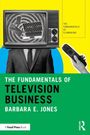 Text: "THE FUNDAMENTALS OF TELEVISION BUSINESS" von Barbara E. Jones. Illustration eines Anzugs mit Fernseher-Kopf.