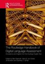 „The Routledge Handbook of Digital Language Assessment“; Brückenstruktur als Hintergrund, kantige, gelbe Streben.