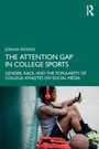 Text: "JOSHUA WOODS - THE ATTENTION GAP IN COLLEGE SPORTS - GENDER, RACE, AND THE POPULARITY OF COLLEGE ATHLETES ON SOCIAL MEDIA."  
Eine Person mit Kopfhörern sitzt an einer Wand und schaut auf ein Handy.