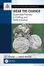 Text: "Wear the Change: Sustainable Practices in Clothing and Textile Industries." Zwei Stoffe und Garnhaufen als Illustration.