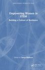 Text: "Empowering Women in STEM: Building a Culture of Resilience. Edited by Sanya Mathura." Blauer Hintergrund mit abstrakten Linien.