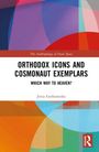 Text: "Orthodox Icons and Cosmonaut Exemplars: Which Way to Heaven?" von Jenia Gorbanenko. Bunte geometrische Formen.