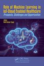 Texte: Role of Machine Learning in IoT-Cloud Enabled Healthcare. Illustration: Gehirn mit Technologie-Symbolen und Herzlinien.