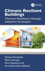 "Climate Resilient Buildings: Thermal Resilience through Adaptive Strategies." Zwei Illustrierte Häuser mit Sonne und Bäumen.
