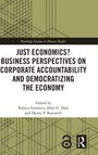 „Just Economics? Business Perspectives on Corporate Accountability and Democratizing the Economy“. Grün-schwarze Cover-Grafik.