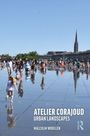 Text: "ATELIER CORAJUD URBAN LANDSCAPES MALCOLM WOOLLEN". Menschen tummeln sich auf einer spiegelnden Wasserfläche, im Hintergrund eine Kirche.
