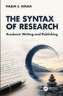 „THE SYNTAX OF RESEARCH“ ist prominent platziert, darunter „Academic Writing and Publishing“. Blauer Pinselstrich, Steinturm.
