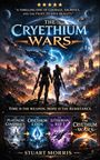 Buchtitel und Text: "The Cryethium Wars", epische Weltraumschlacht, zwei Personen, zerstörte Stadt im Hintergrund.
