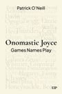 Texte: "Onomastic Joyce", "Games Names Play", "Patrick O'Neill". Beige Hintergrund mit überlagerten Namen in Grau.