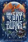 „WHEN THE SKY BURNS“ steht in großen Buchstaben. Ein Phönix in Flammen, Zweige mit Blättern, Schädel und Bücher umrahmen ihn.