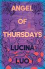 "Angel of Thursdays" und "Lucina Luo" stehen in der Mitte, umgeben von floralen Illustrationen in Lila und Orange.