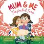 „Mum & Me: The perfect Team.“ Illustration: Frau im Rollstuhl, Kind umarmt sie fröhlich.