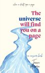 Der Text lautet: "The universe will find you on a page." Eine blaue, abstrakte Wellenform dominiert die Illustration.