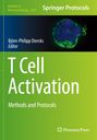 Grüne Buchseite mit Text: "T Cell Activation: Methods and Protocols", oben links "Springer Protocols". Rechts oben Zellabbildung.