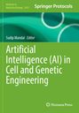 Titel: Artificial Intelligence (AI) in Cell and Genetic Engineering. Grüner Hintergrund, Kreise als Designelemente.