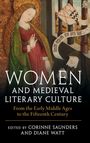 "WOMEN AND MEDIEVAL LITERARY CULTURE" – Zwei Frauen in mittelalterlicher Kleidung, eine stehende und eine kniende.