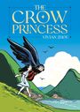 "THE CROW PRINCESS" und "VIVIAN ZHOU" in großer gelber Schrift. Illustration: Zwei Mädchen, eines mit Flügeln, in bergiger Landschaft.