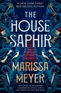 "The House Saphir", "Marissa Meyer". Treppe mit roten Flecken, goldene Kelche, blaue Vögel, Degen und florale Ornamente.