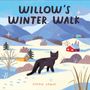 "Willow's Winter Walk" steht oben. Unten steht "Stevie Lewis". Winterliche Landschaft mit schwarzer Katze.