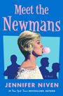 „Meet the Newmans“ und „Jennifer Niven“ in rosa. Frau mit Kaugummi, Silhouetten im Hintergrund.