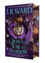 Der Umschlag eines Buches zeigt: "J.R. Ward, Crown of War and Shadow." Darunter Zitat von Jennifer Armentrout. Kunstvolle Krone.