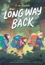 „Kim Smith, The Long Way Back.“ Illustration: Drei Personen mit großen Rucksäcken im Wald.