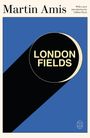 Text: "LONDON FIELDS", "Martin Amis", "With a new introduction by Gillian Flynn". Blau-schwarzes kreisförmiges Design.