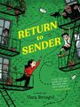 "RETURN to SENDER" in Gelb auf grünem Hintergrund. Cartoonfiguren auf Balkonen, ein Junge schwingt sich herab.
