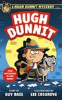 „HUGH DUNNIT“ in großen roten Buchstaben. Darunter ein Junge im Detektivlook mit Hund auf blauem Hintergrund.